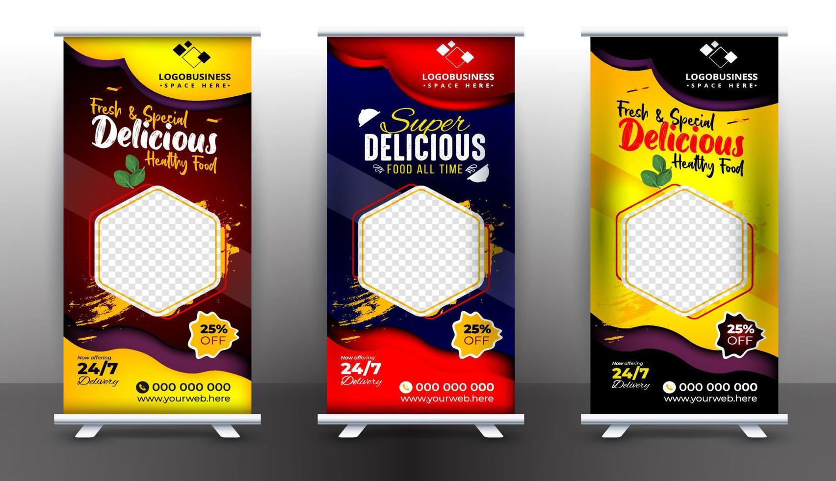 Lebensmittel- und Restaurant-Roll-Up-Banner-Design-Vorlage, Standee-Design-Banner, modernes Business-Food-Digital-Roll-Up-Banner vektor