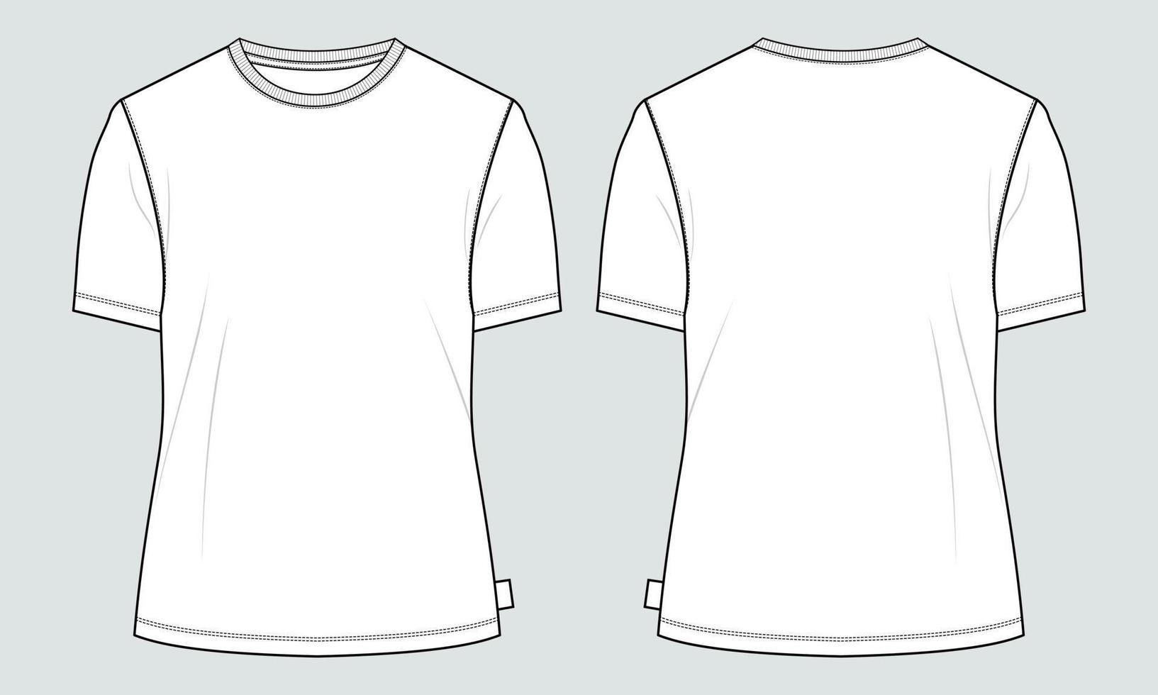 T-Shirt mit normaler Passform und kurzen Ärmeln, technische Skizze, Mode, flache Vorlage mit rundem Ausschnitt. Vektor-Illustration Basic Bekleidungsdesign Vorder- und Rückansicht. vektor