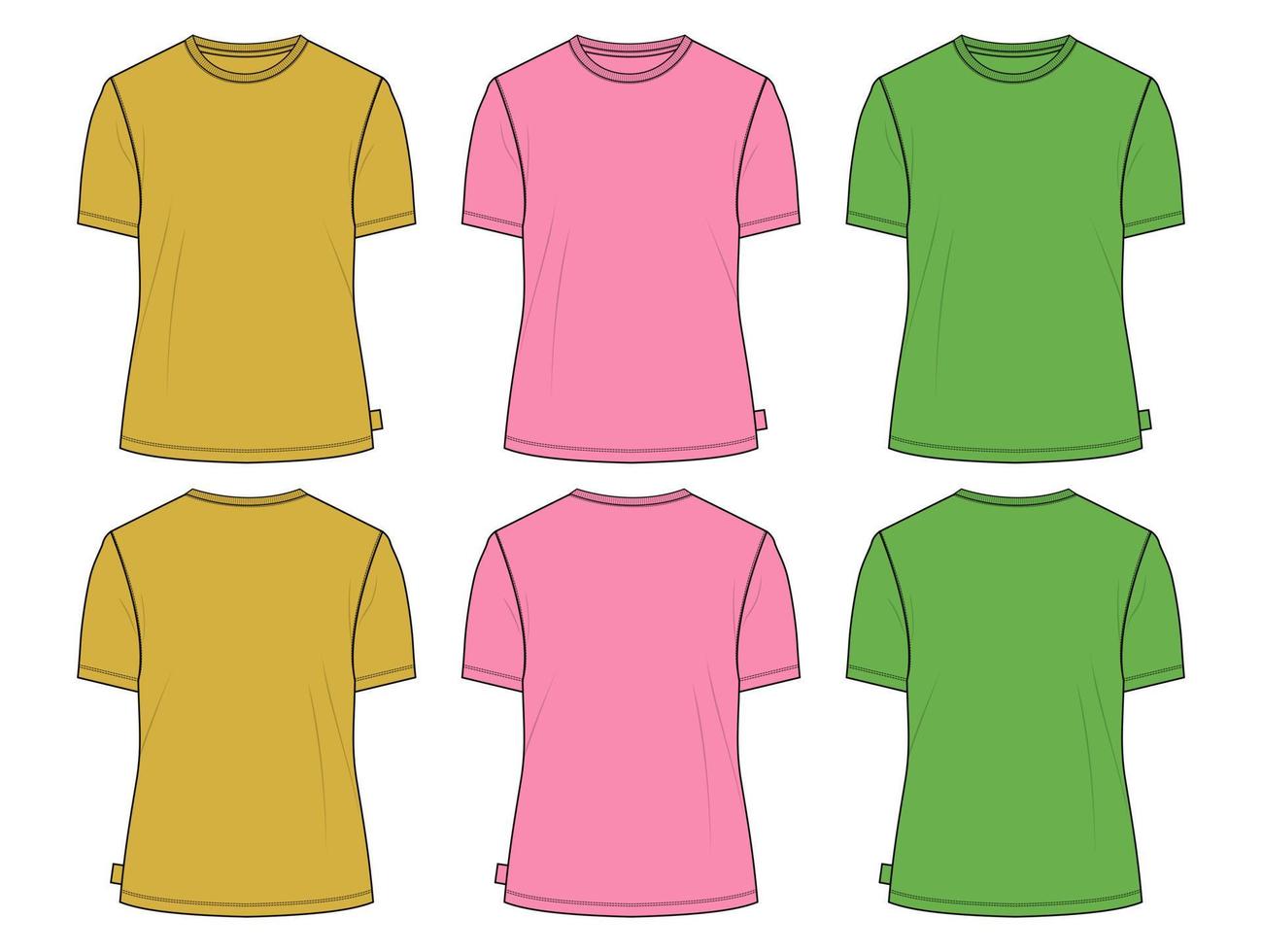 T-Shirt mit normaler Passform und kurzen Ärmeln, technische Skizze, Mode, flache Vorlage mit rundem Ausschnitt. Vektor-Illustration Basic Bekleidungsdesign Vorder- und Rückansicht. vektor