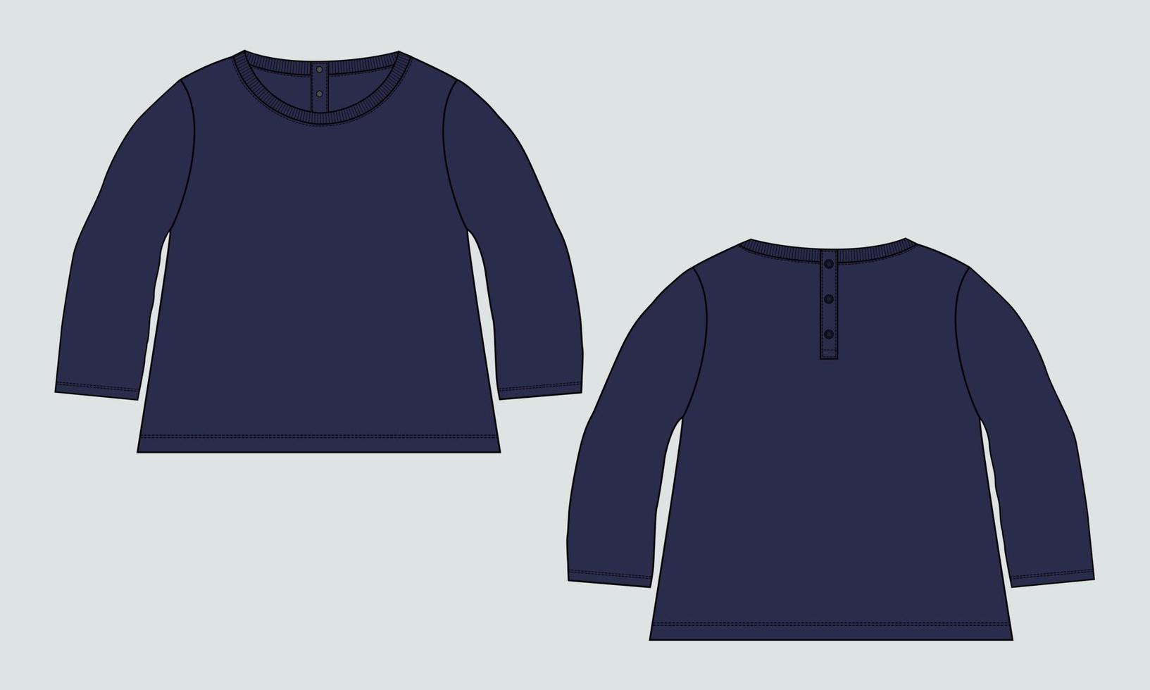 Langarm mit Rundhalsausschnitt, T-Shirt-Tops, Kleiderdesign für Kinder und Damen. technische mode flache skizze bekleidung vektor illustration vorlage vorder- und rückansichten