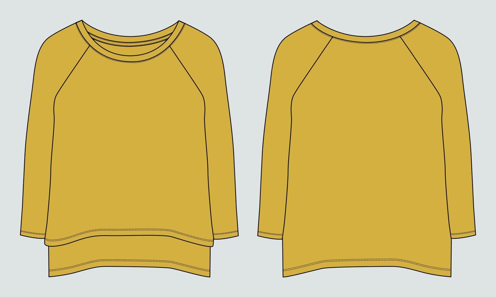 Langarm-T-Shirt Kleid Design technische Mode flache Skizze Vektor-Illustration Vorlage für Babys und Damen. baumwollstoff kleidung mock-up-vorder- und rückansicht. vektor