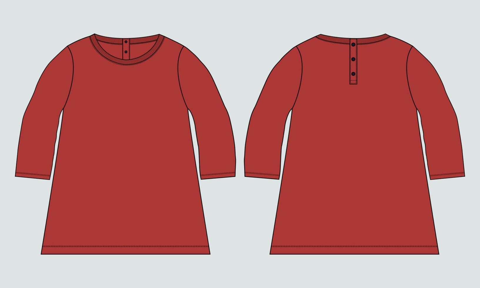 Langarm mit Rundhalsausschnitt, T-Shirt-Tops, Kleiderdesign für Kinder und Damen. technische mode flache skizze bekleidung vektor illustration vorlage vorder- und rückansichten.