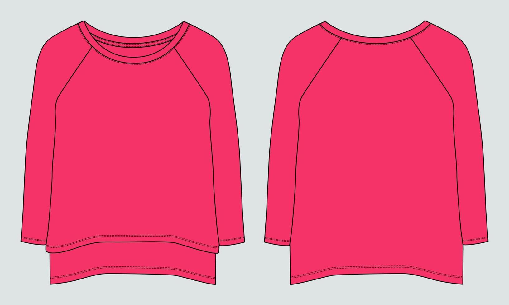 Langarm-T-Shirt Kleid Design technische Mode flache Skizze Vektor-Illustration Vorlage für Babys und Damen. baumwollstoff kleidung mock-up-vorder- und rückansicht. vektor