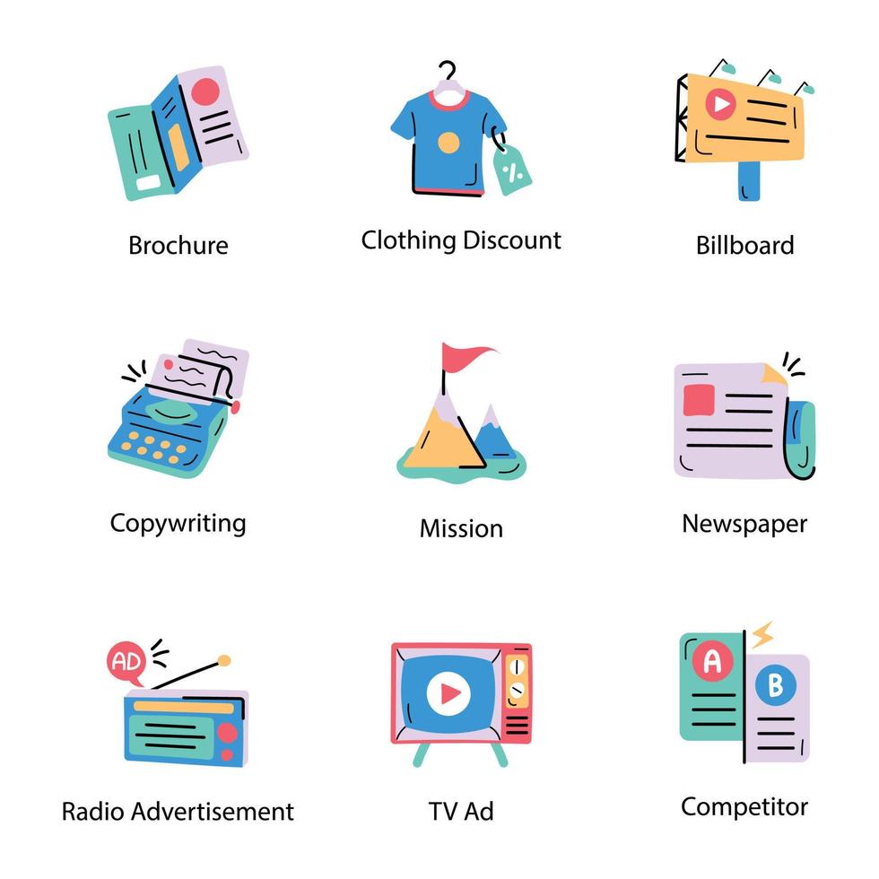 satz von handgezeichneten symbolen für medienmarketing vektor