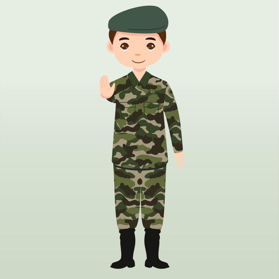 armeesoldaten, männer in kampfuniform salutieren. niedlicher flacher Cartoon-Stil. Soldat hält Wache. Ranger an der Grenze. Kommandoteam-Einheit. Spezialeinheit. Armee- oder Soldatencharaktervektor. vektor