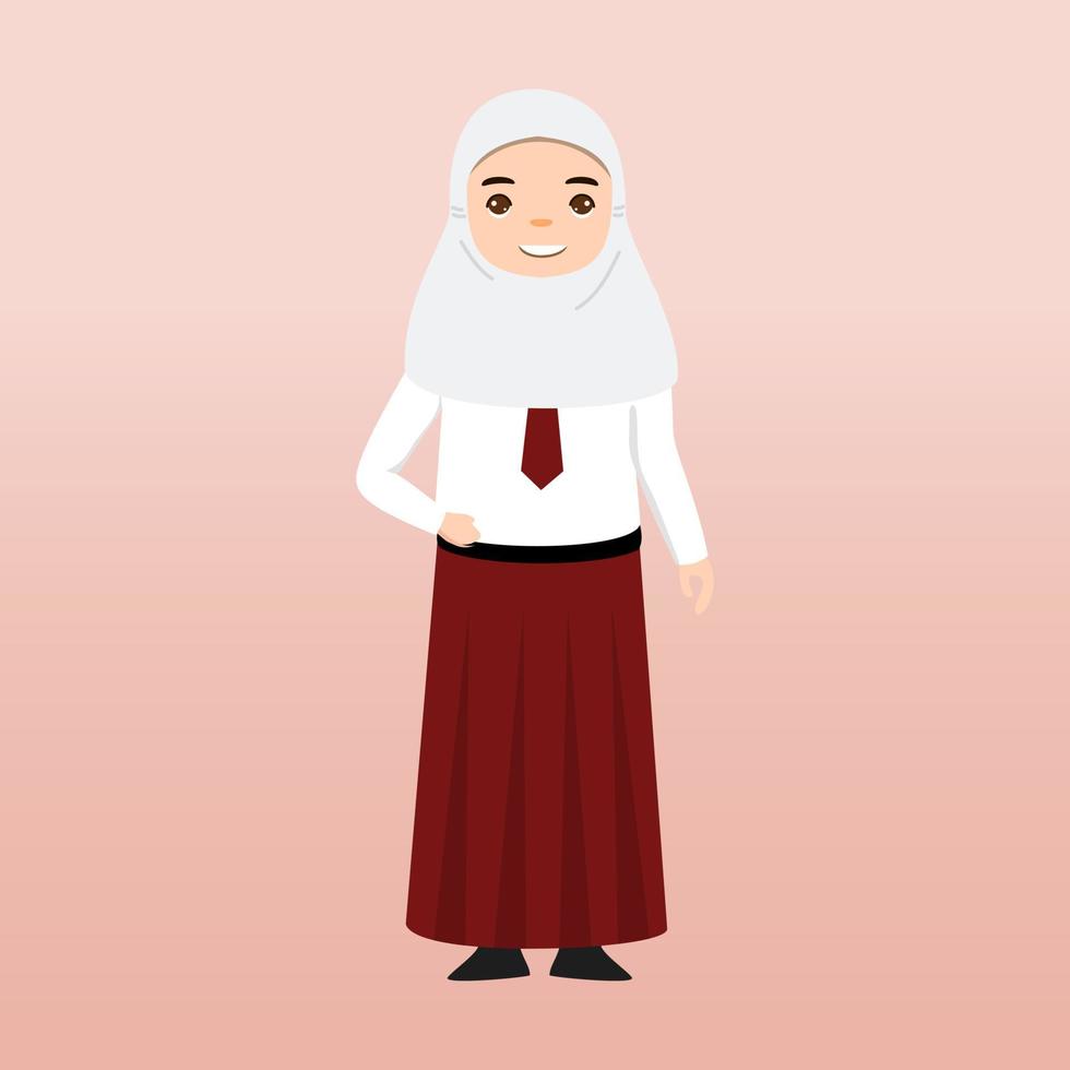 elementärt skola hijab flicka studerande bär röd och vit enhetlig. tecknad serie vektor illustration. porträtt av ett elementärt skola studerande. skola studenter barn med ryggsäckar, böcker, macbook.