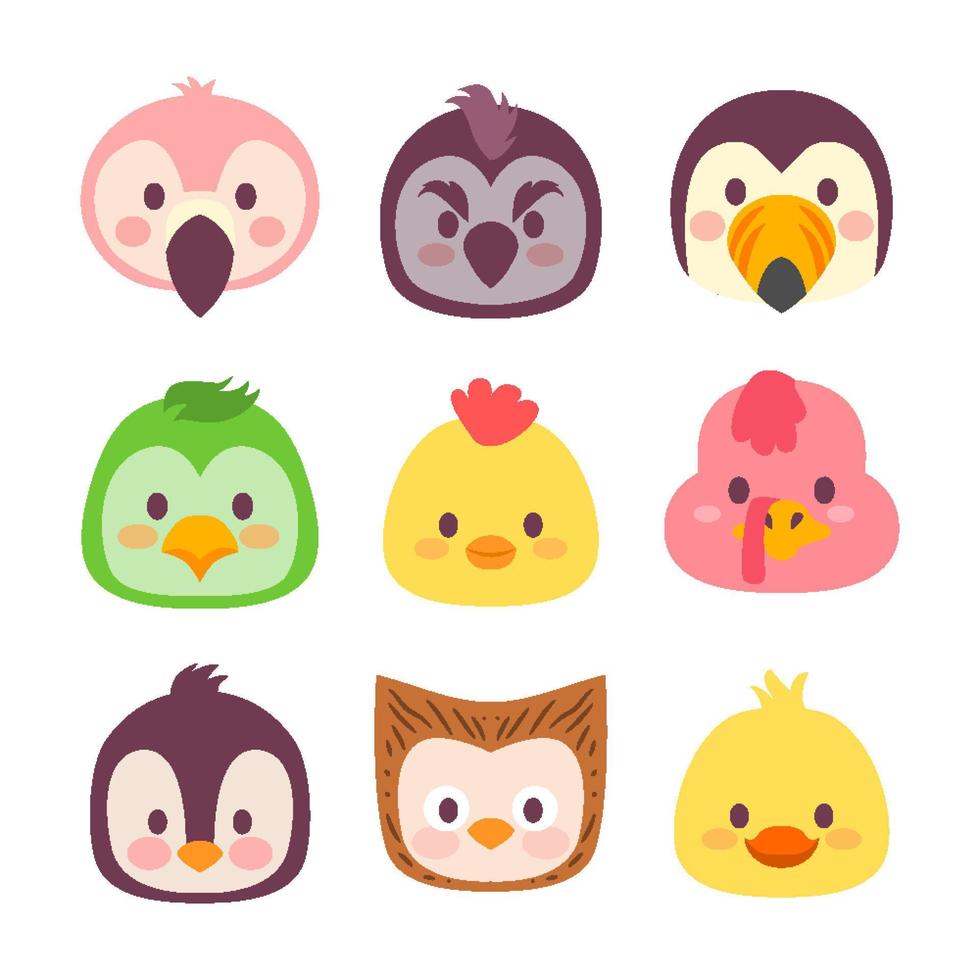 tecknad serie söt djur för bebis kort och inbjudan. söt djur- huvud vektor illustration. fåglar, flamingo, Uggla, pingvin, Anka, kycklingar, Kalkon,