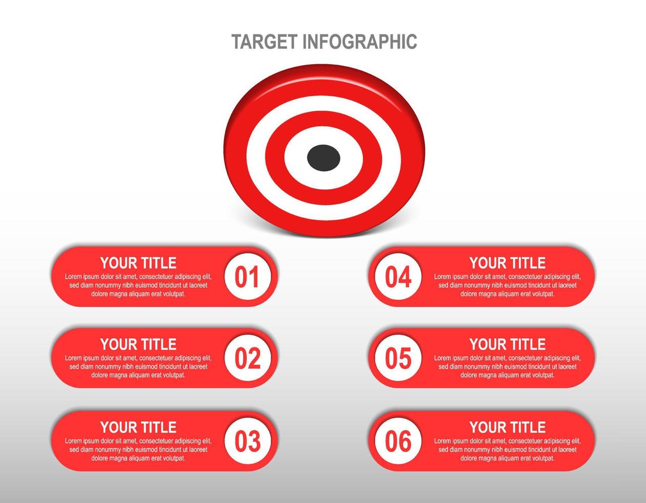 3D rote Zielscheibe mit Infografik mit 6 Etiketten. Layout der Zielschrittnummer. geschäftsdatendiagramm, investitionsziel, marketingherausforderung, strategiepräsentation, leistungsdiagramm. Info-Vektor-Vorlage vektor
