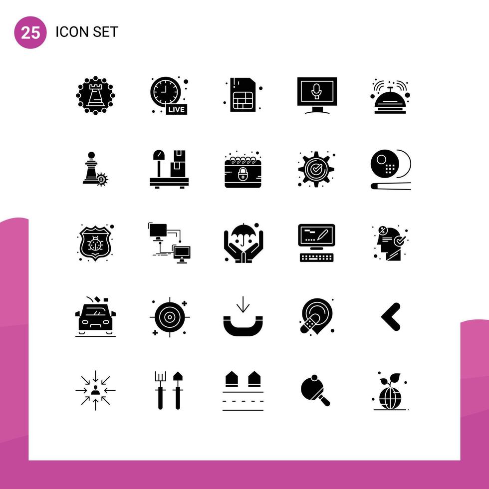 25 solides Glyphenpaket der Benutzeroberfläche mit modernen Zeichen und Symbolen der Live-Aktualisierung der Hotelglocke, Mikrofonmonitor, editierbare Vektordesignelemente vektor