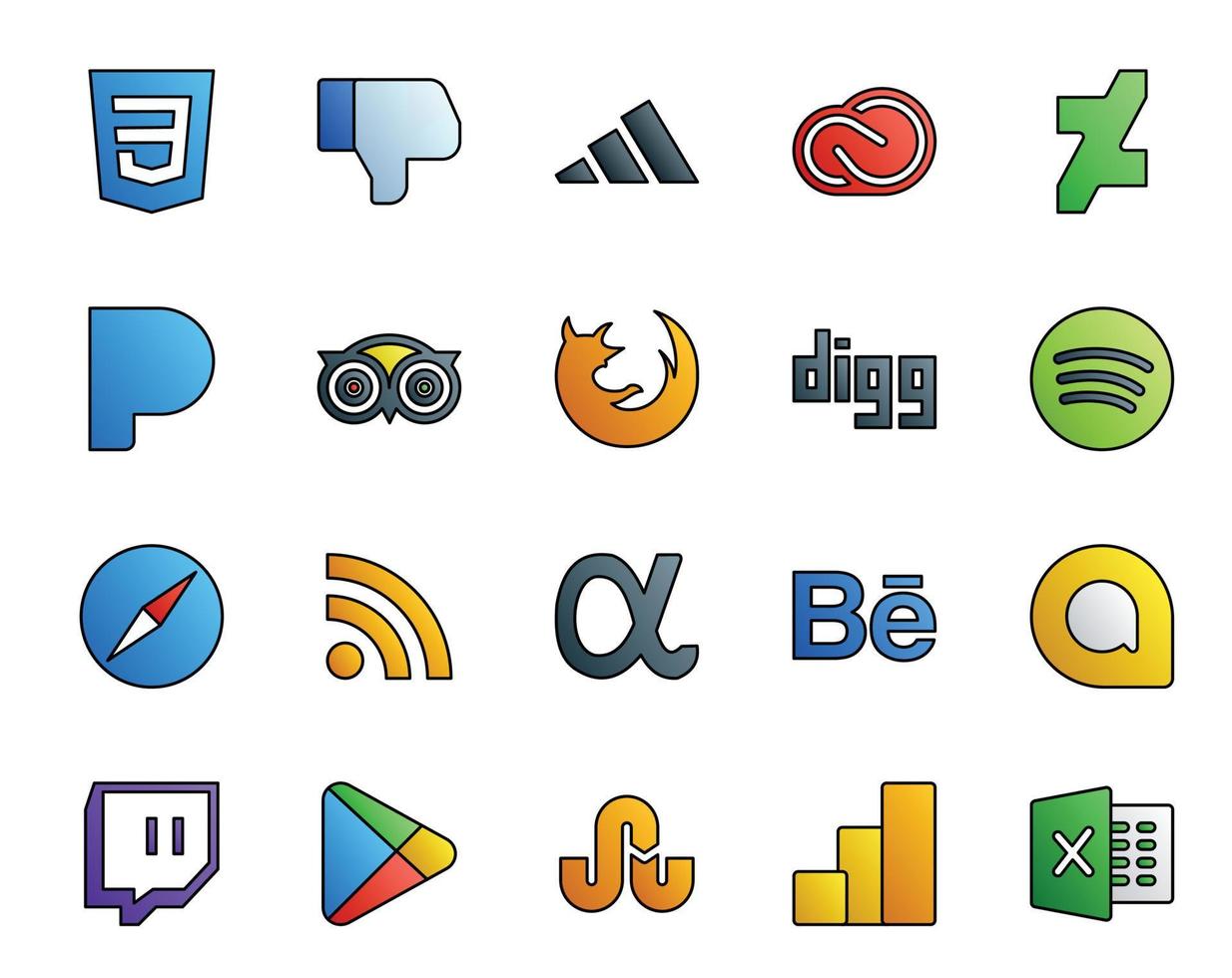 20 Social-Media-Icon-Packs, einschließlich App, Net-Browser, TripAdvisor-Safari, Digg vektor