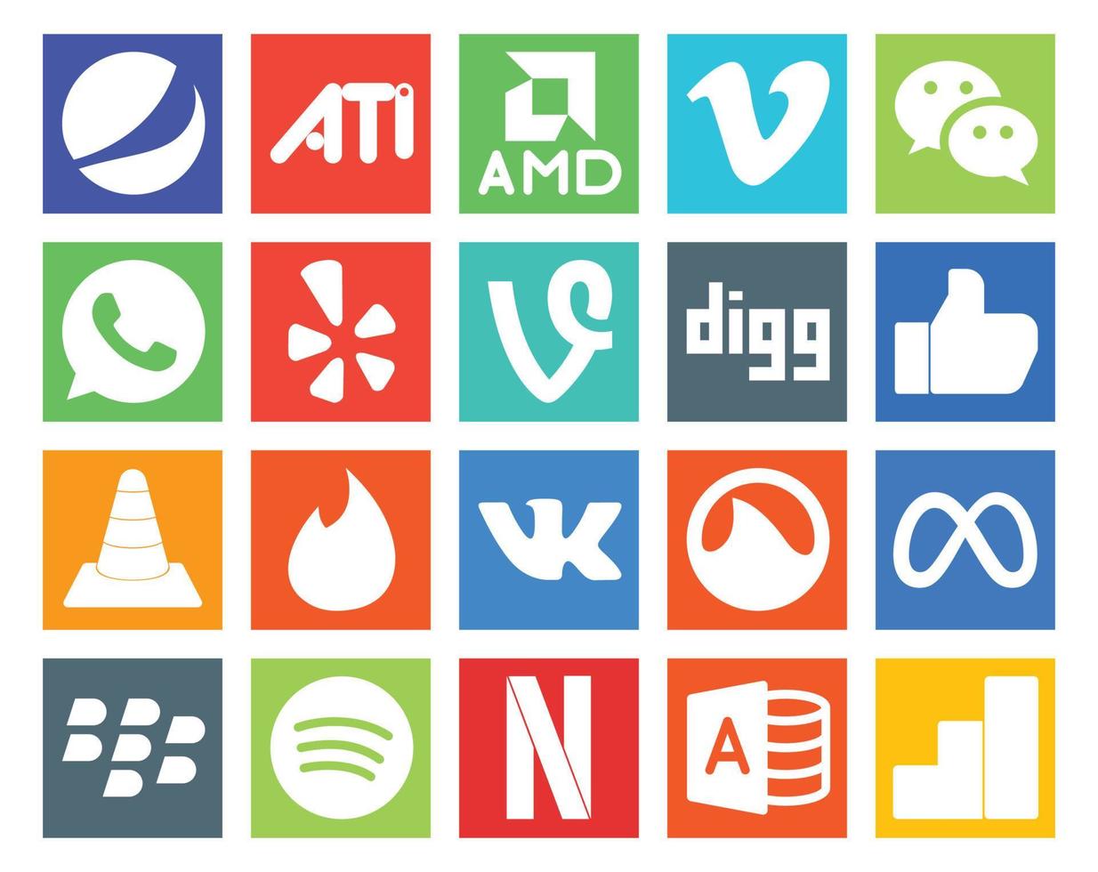 20 Social Media Icon Pack inklusive Grooveshark Tinder Yelp Player VLC vektor