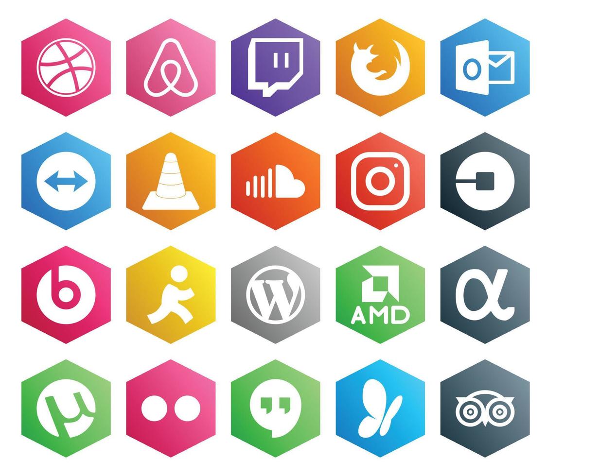 20 Social-Media-Icon-Packs, einschließlich Beats Pill Car Media Uber Music vektor