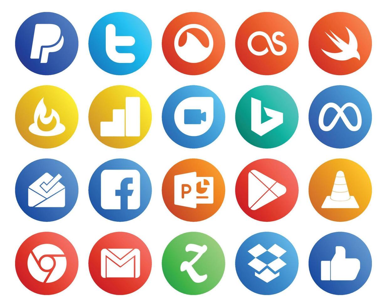 20 social media ikon packa Inklusive vlc Google spela Google duo powerpoint inkorg vektor