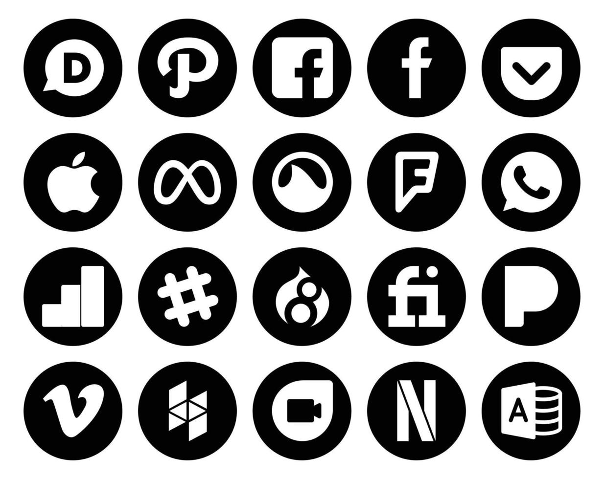 20 Social-Media-Icon-Packs, einschließlich Video-Pandora-Foursquare-Fiverr-Chat vektor