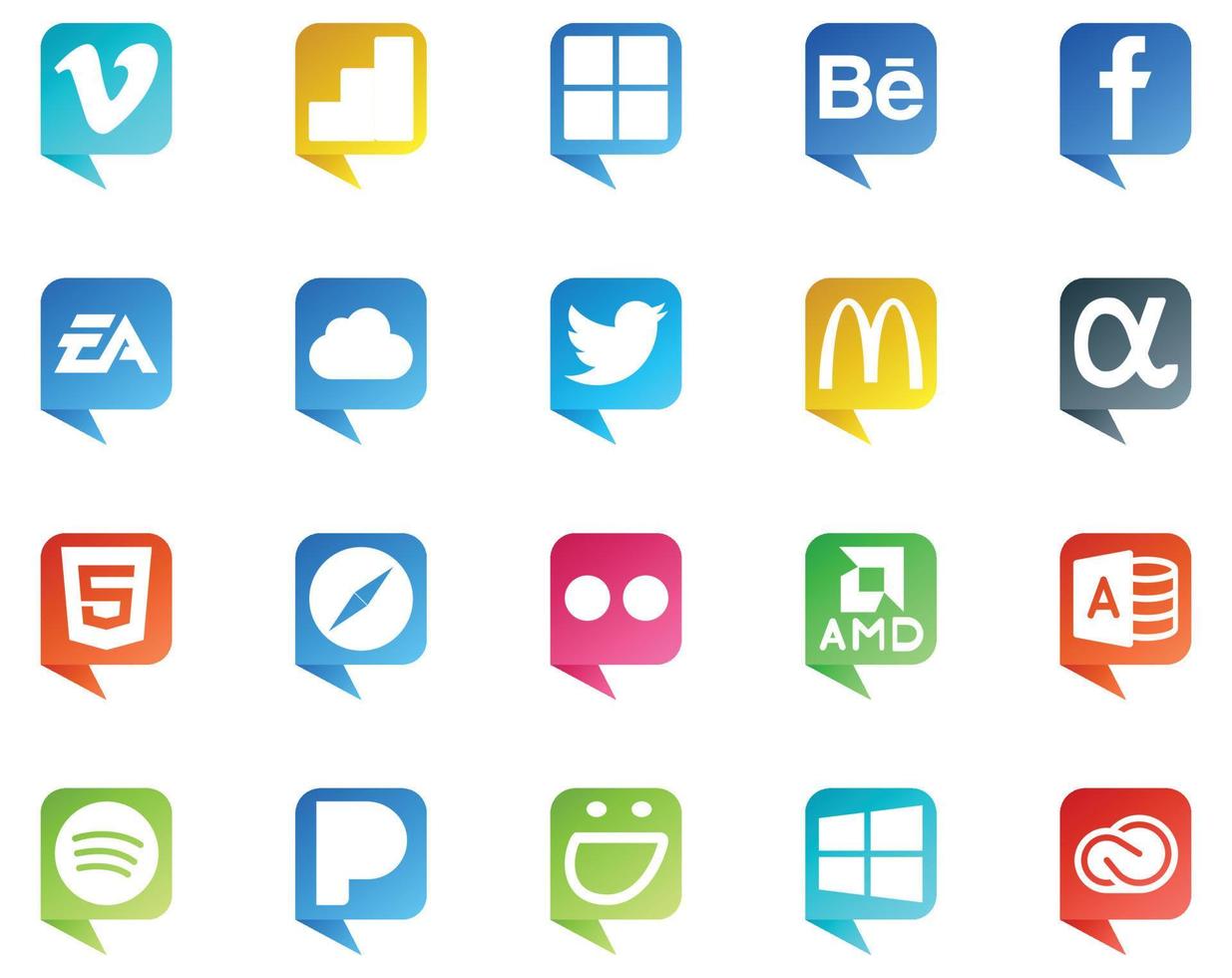 20 Social-Media-Logo im Sprechblasenstil wie Flickr Safari Sports HTML McDonalds vektor