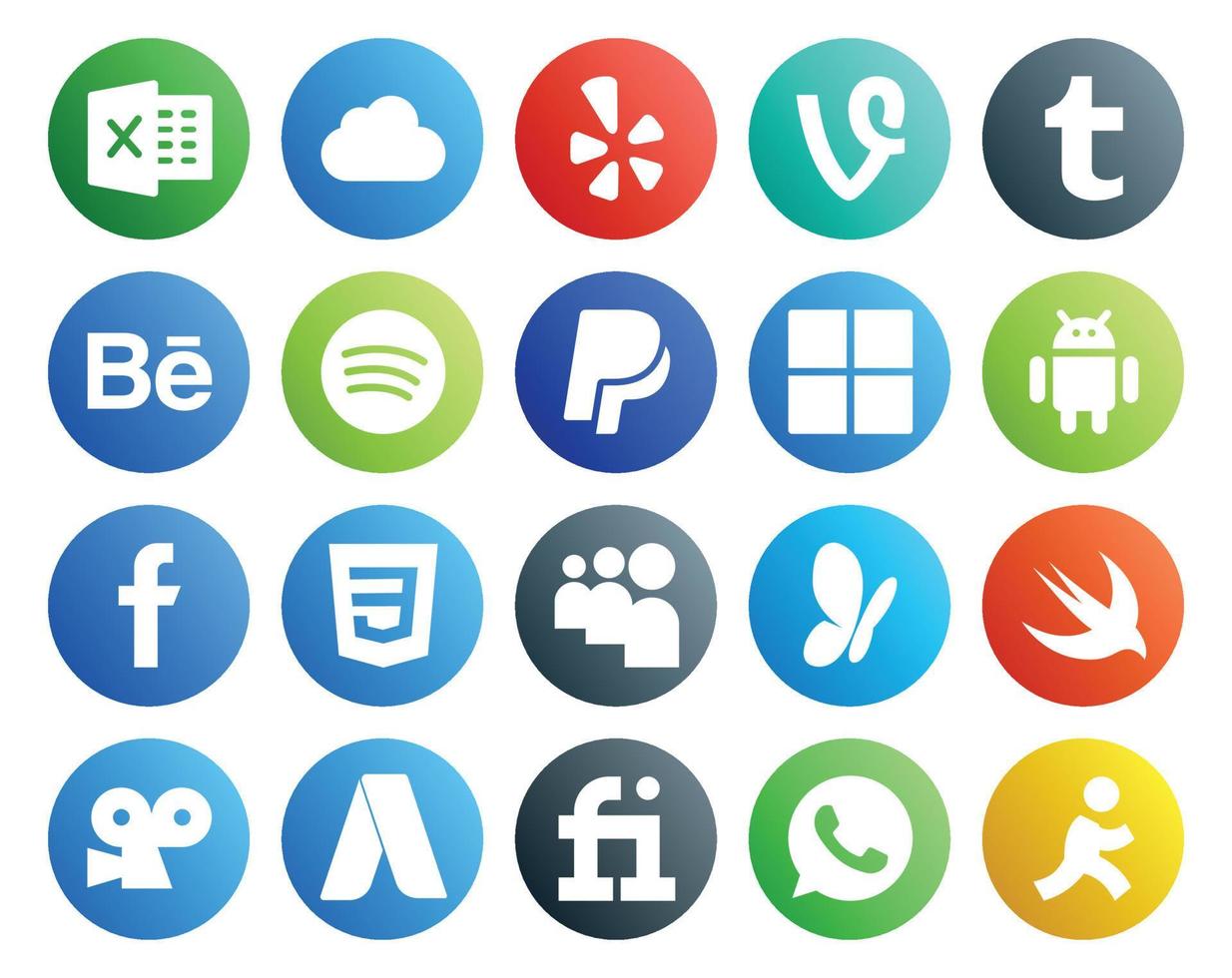 20 social media ikon packa Inklusive fiverr viddler Microsoft snabb mitt utrymme vektor