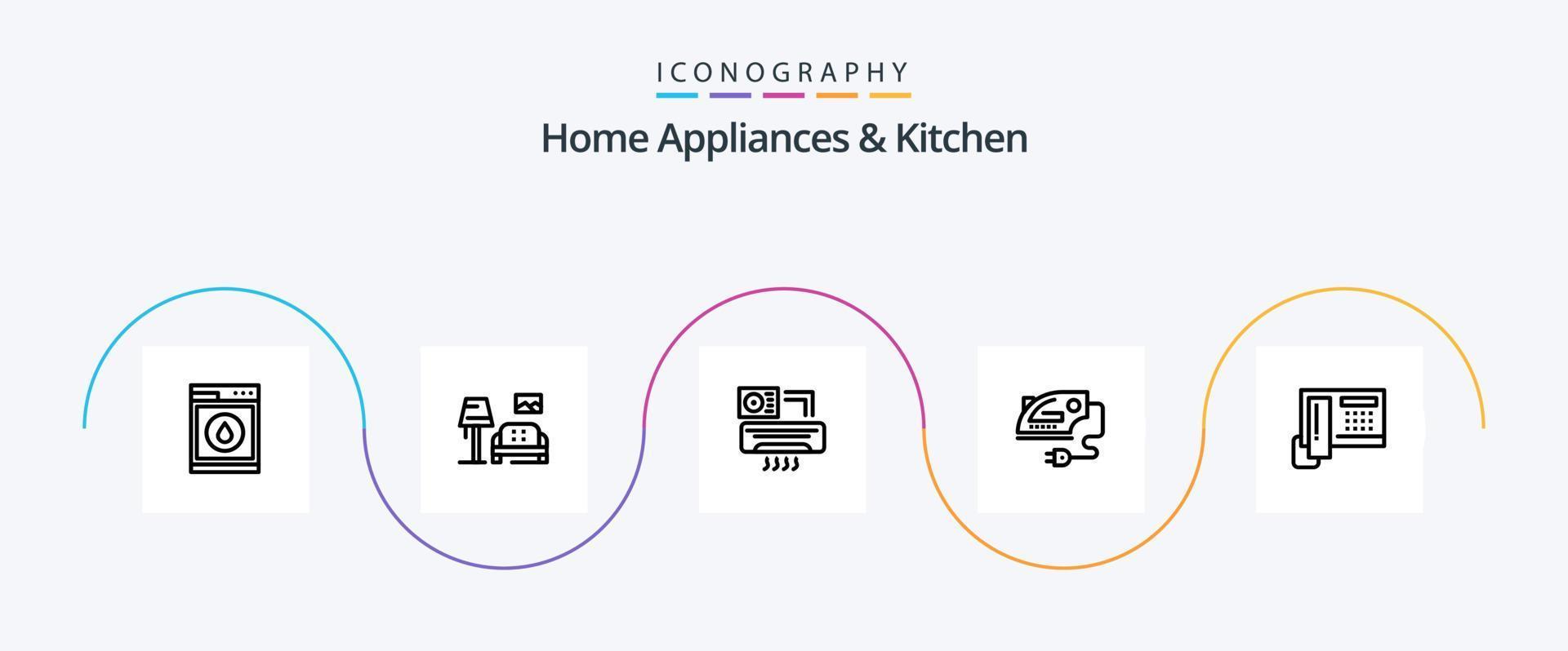 Hem apparater och kök linje 5 ikon packa Inklusive kök. rum. soffa. ac . luft vektor