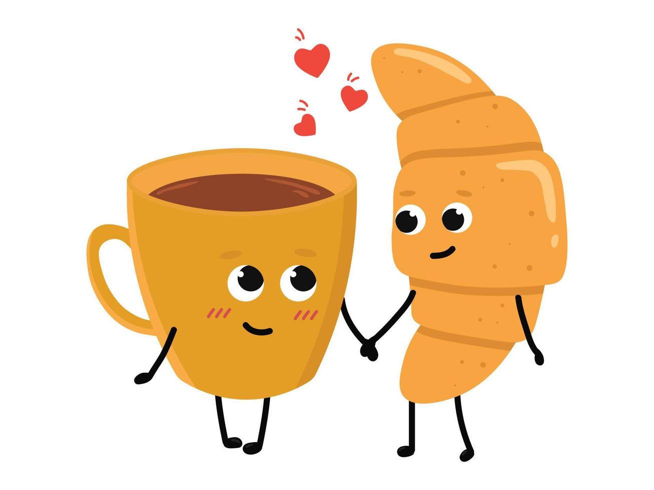 söt kopp av te och croissant faller i kärlek. kärlek och hjärtans dag begrepp. illustration isolerat på vit bakgrund. vektor