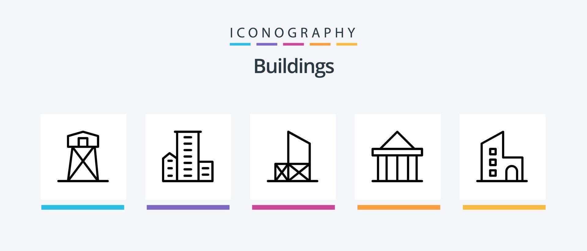 Buildings Line 5 Icon Pack inklusive Mond. Stadt. Rettung. Monument. Säule. kreatives Symboldesign vektor