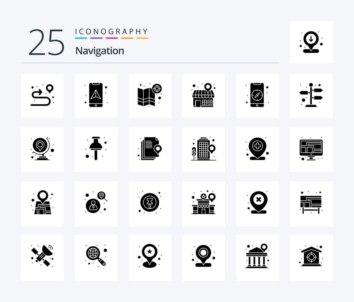 Navigation 25 Solid Glyph Icon Pack inklusive Kompass. Laden. Lage. Lage. Ziel vektor