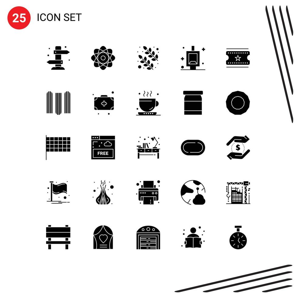 Benutzeroberflächenpaket mit 25 grundlegenden soliden Glyphen des Dokuments Filmkarten Blatt Kinokarten Bad editierbare Vektordesign-Elemente vektor