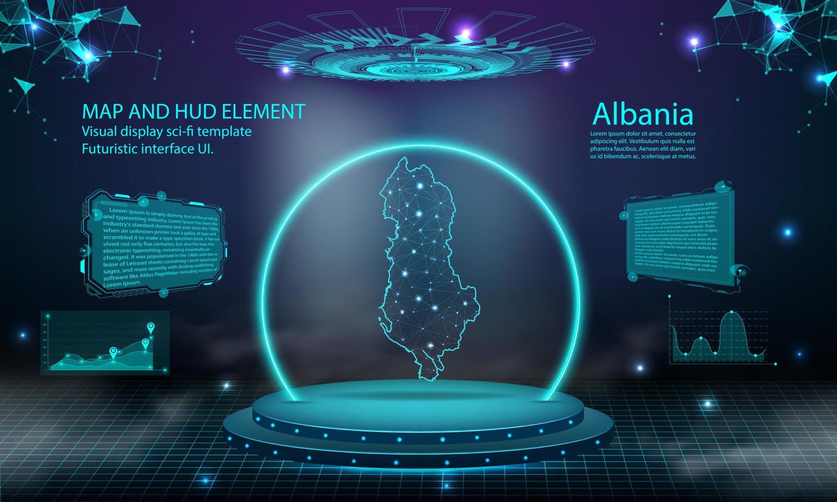 Albanien Karte Licht Verbindungseffekt Hintergrund. abstrakte digitale technologie ui, gui, futuristische hud virtuelle schnittstelle mit albanien-karte. Bühne futuristisches Podium im Nebel. vektor