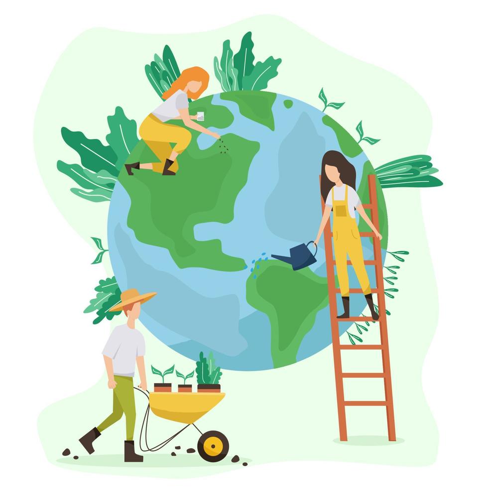 Ökologie-Konzept. Menschen kümmern sich um die Ökologie des Planeten. Banner für Natur und Ökologie schützen. Tag der Erde. Globus mit Bäumen, Pflanzen und Freiwilligen. vektor