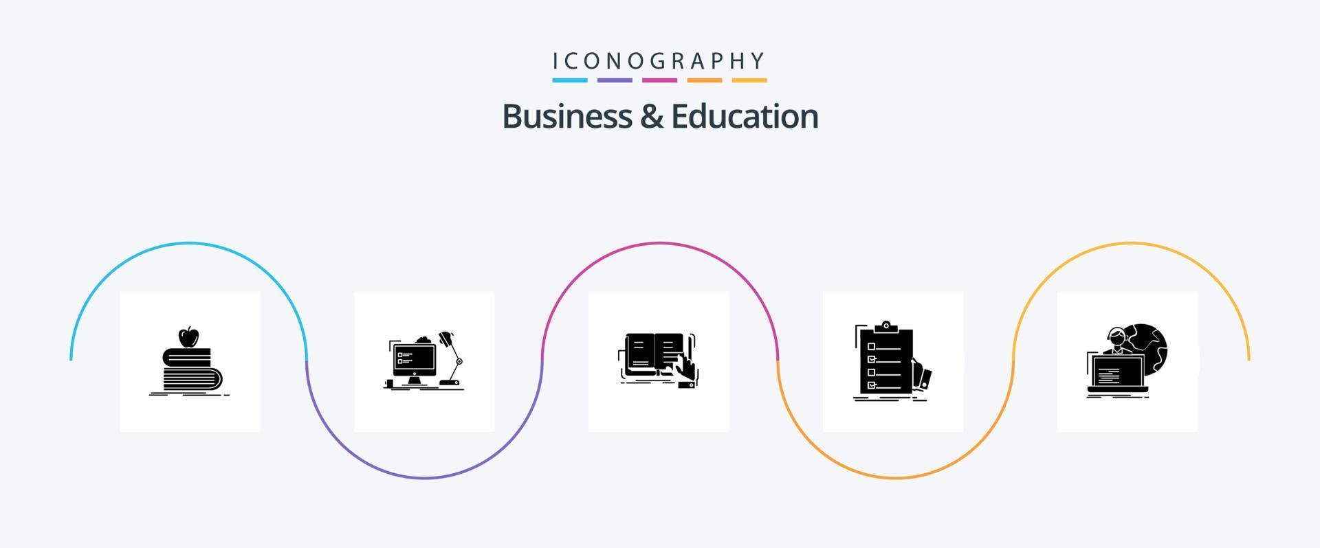 företag och utbildning glyf 5 ikon packa Inklusive expertis. checklista. lampa. läsning. studie vektor
