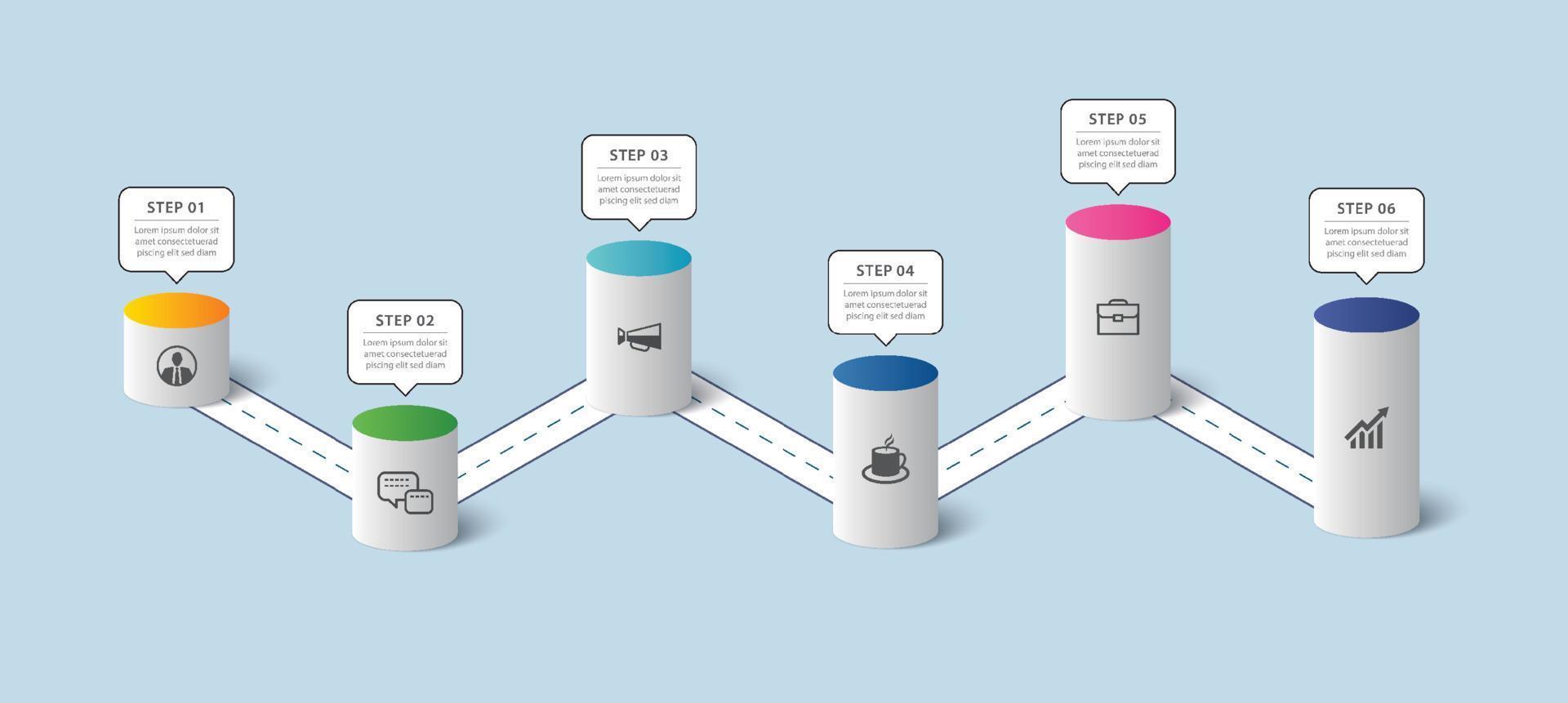 Infografik-Zylinder-Timeline zum Erfolgsgeschäft mit 6-Zahlen-Datenvorlage. Vektor-Illustration abstrakter Hintergrund. vektor