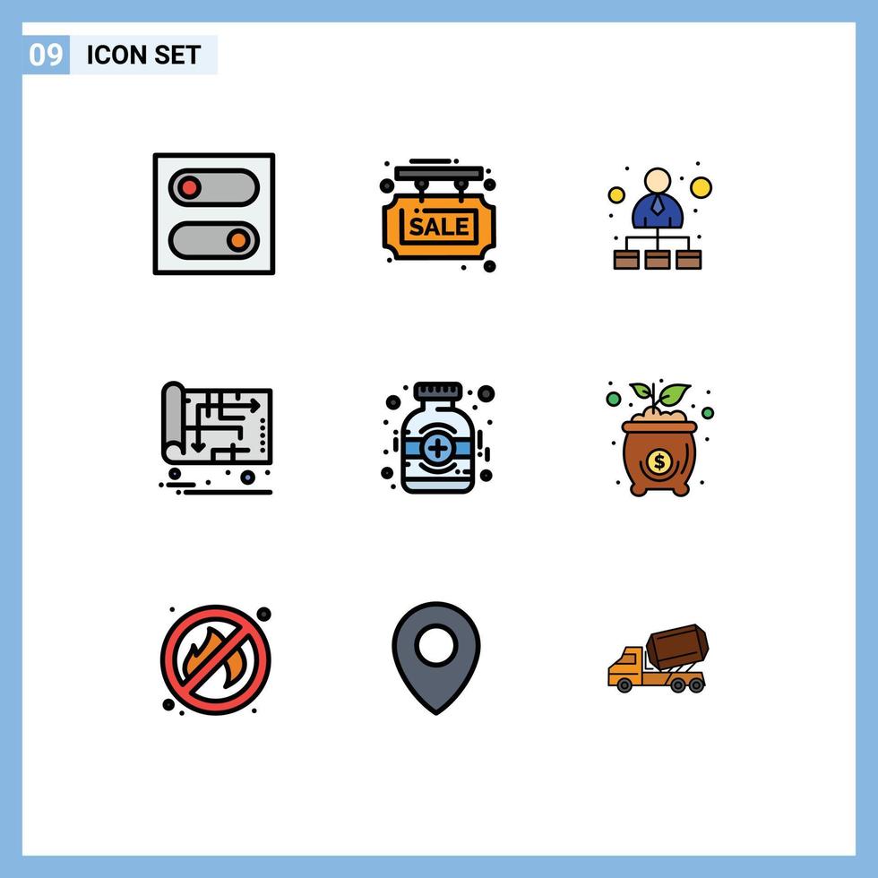 uppsättning av 9 modern ui ikoner symboler tecken för flaska Karta hierarkisk nätverk hus plan redigerbar vektor design element