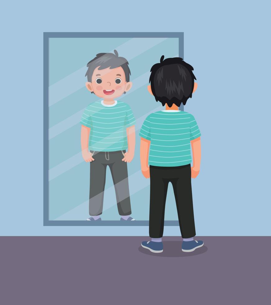 Lycklig liten pojke stående i främre av spegel ser hans reflexion med ny kläder vektor