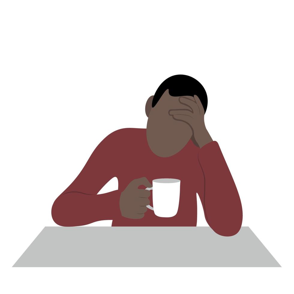Porträt eines schwarzen traurigen Kerls mit Tasse in den Händen am Tisch, flacher Vektor, isoliert auf weiß, gesichtslose Illustration, Kaffeepause vektor