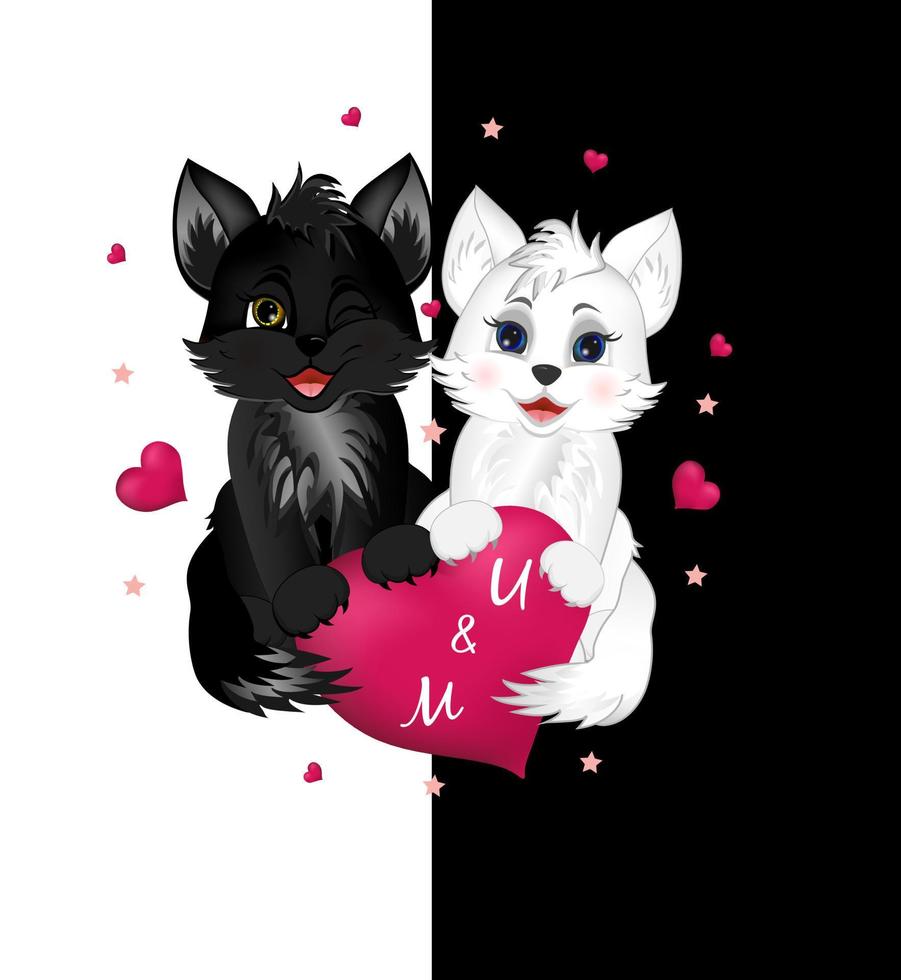 Lycklig valentines dag. hälsning vykort med rosa hjärtan och liten söt svart och vit katter. vektor