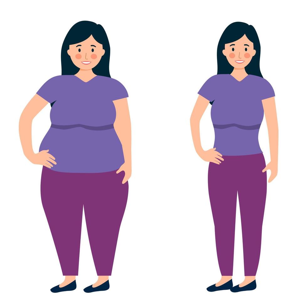 Fetter und schlanker Körper der Frau nach Gewichtsverlust im flachen Design auf weißem Hintergrund. vektor