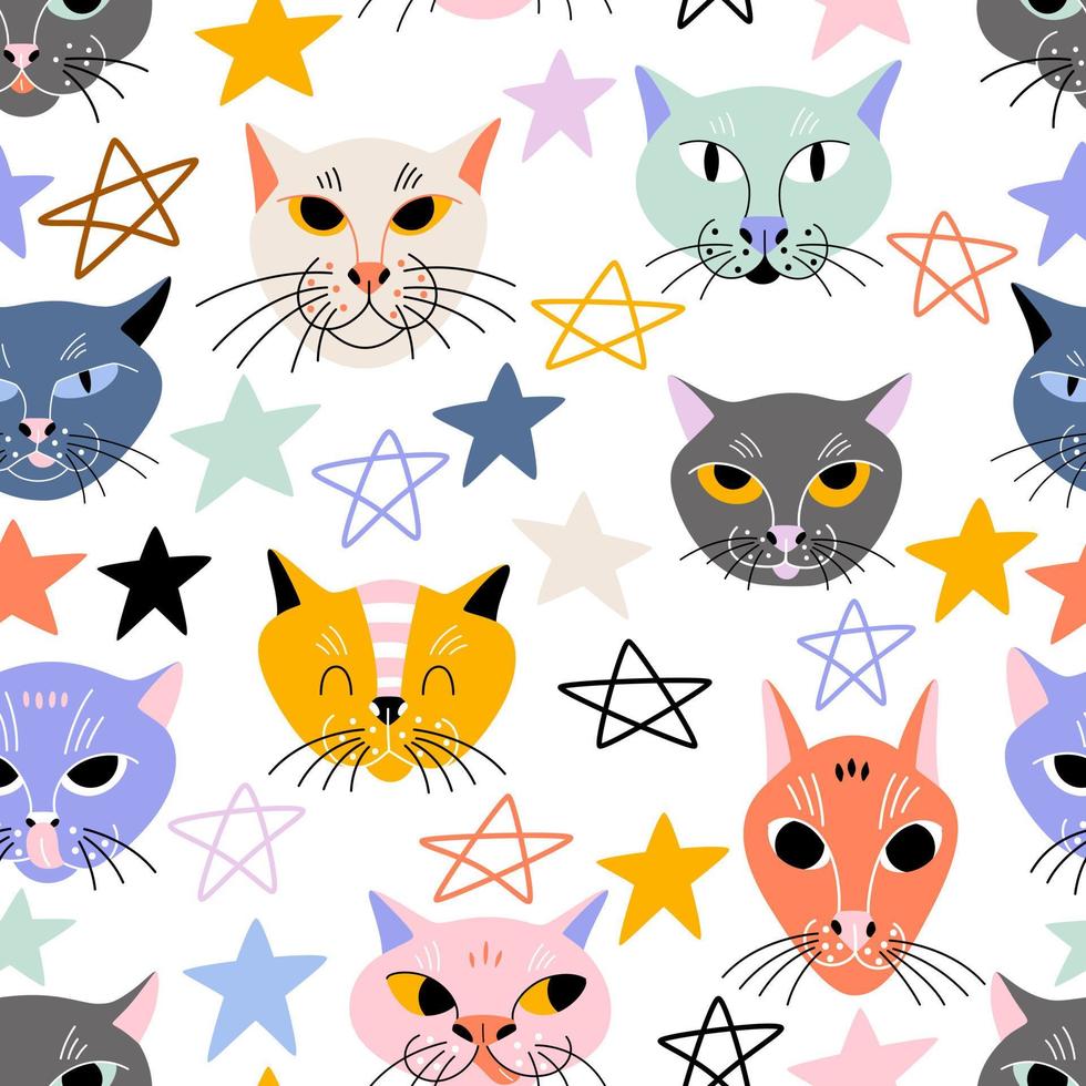 Gesichter lustiger Katzen mit Sternen auf weißem Hintergrund. Babydruck für Kleidung oder Tapeten. Vektor Musterdesign mit Haustierköpfen.