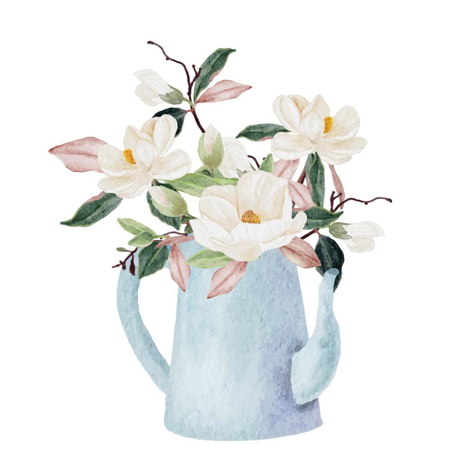 Aquarell weiße Magnolie blühender Blumenzweig Blumenstrauß in Glasvase Clipart vektor