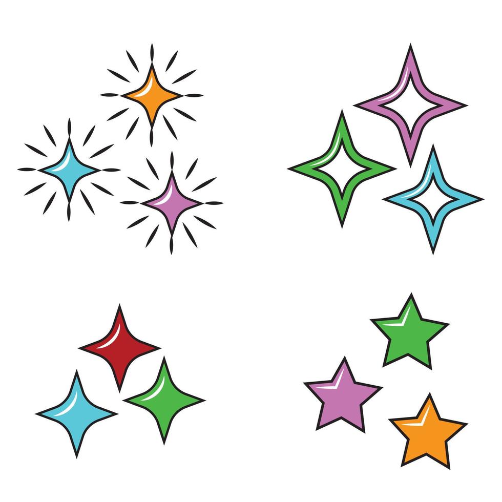 eine Reihe von bunten Cartoon-Vektorillustrationen von Sternen, die auf einem weißen Hintergrund isoliert sind. vektor