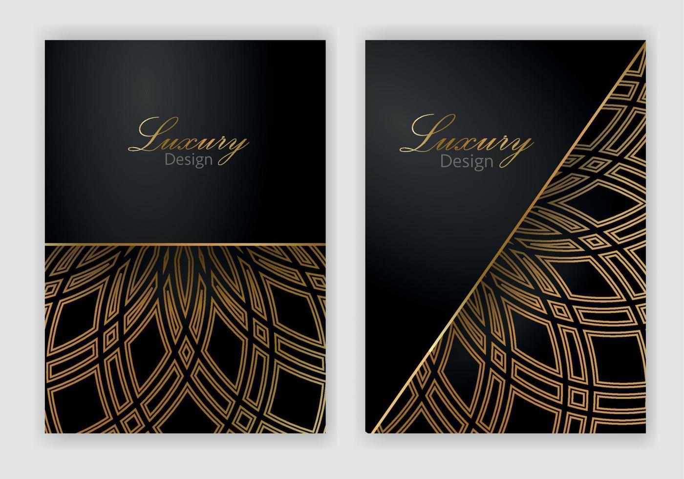 modern omslag design uppsättning. lyx svart, guld bakgrund med abstrakt mönster. premie vektor mall för meny, inbjudan, broschyr mall, lux flygblad