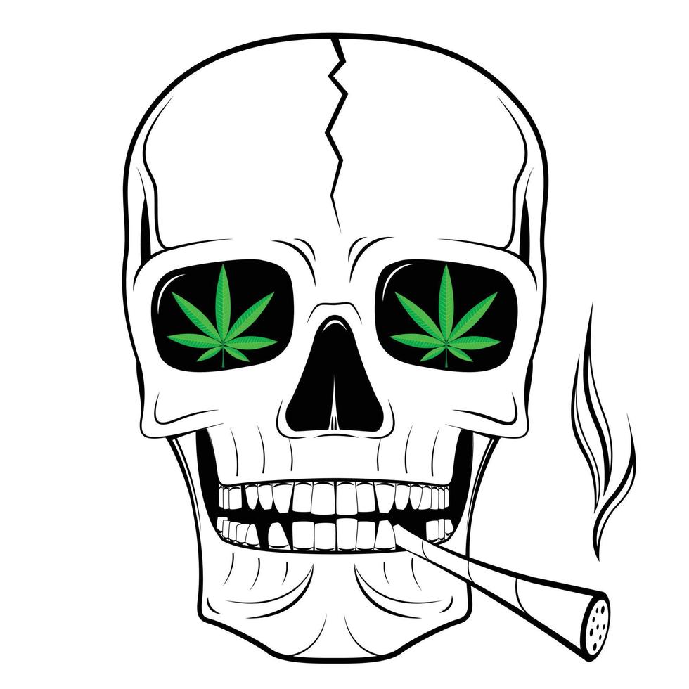 schädel, der marihuana mit cannabisblättern in den augen raucht vektor