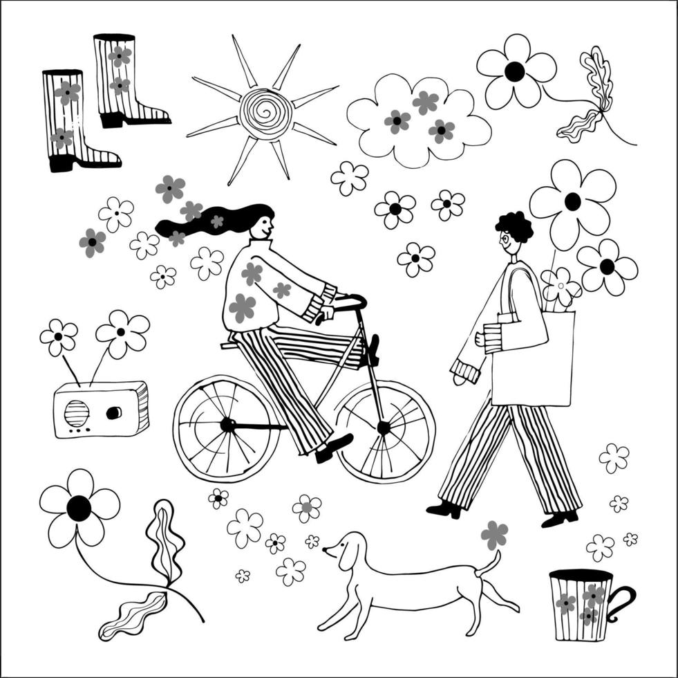 frau auf einem fahrrad, mann, hund, erwachsene, frühling im park, blüte, datum, hund, freudige stimmung, liebe, frühling. süße handgezeichnete Kritzeleien. Vektor