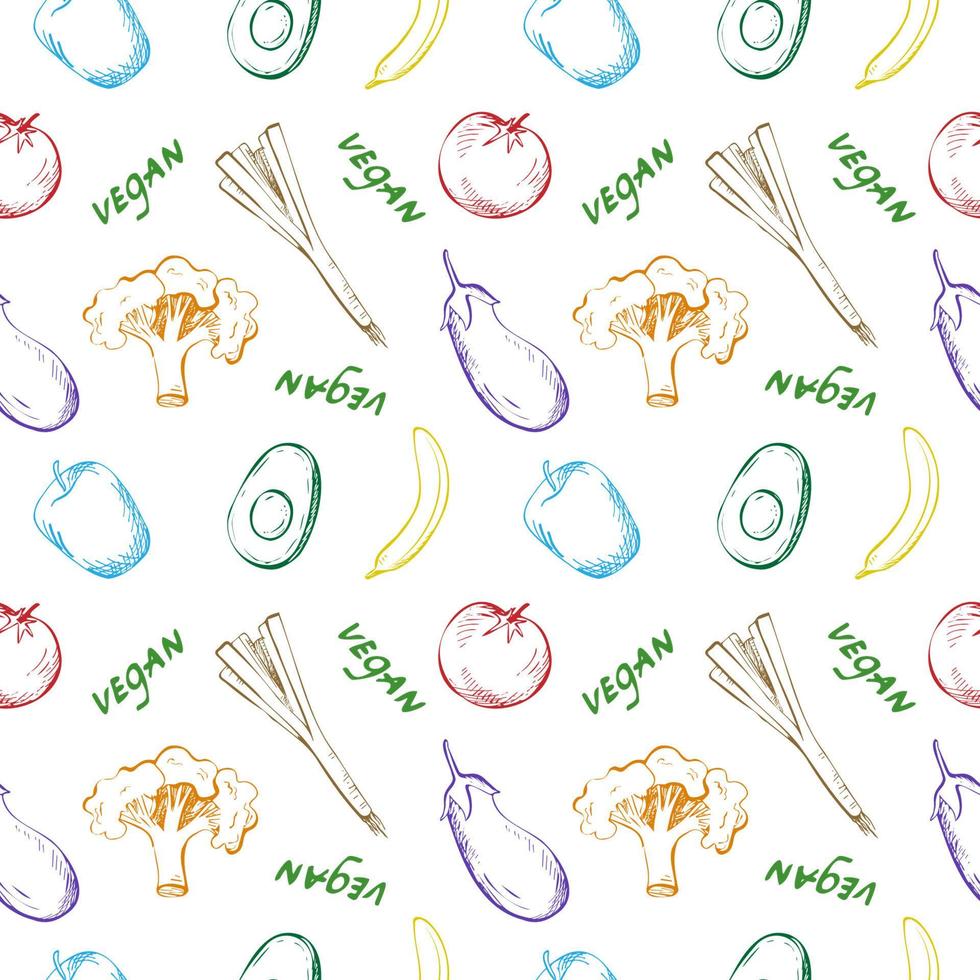 söt sömlös upprepa mönster med grönsaker, frukt och de ord vegan på en vit bakgrund. hand dragen grönsaker, frukt och text i mönster för textil, omslag papper och förpackning design vektor