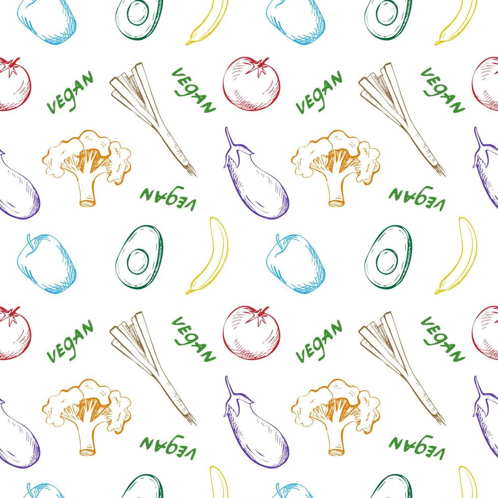 süßes, nahtloses Wiederholungsmuster mit Gemüse, Obst und dem Wort vegan auf weißem Hintergrund. handgezeichnetes gemüse, obst und beschriftung im muster für textil-, verpackungspapier- und verpackungsdesign vektor