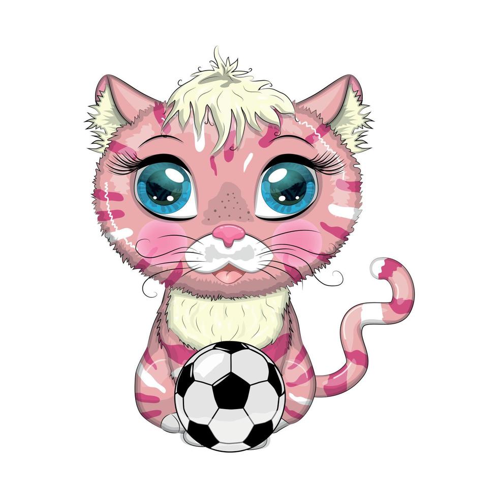 tecknad serie katt med en fotboll boll. sommar, semester. söt barn karaktär, symbol av 2023 ny kinesisk år vektor