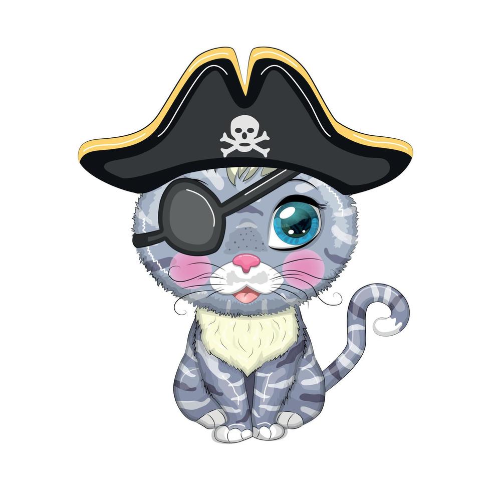katt pirat, tecknad serie karaktär av de spel, vild djur- katt i en bandana och en spänd hatt med en skalle, med ett öga lappa. vektor