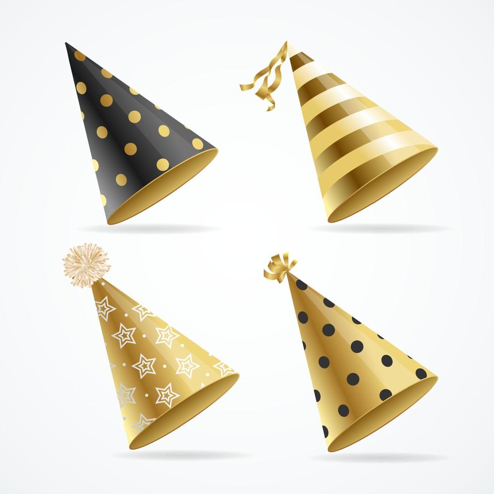 realistisk detaljerad 3d guld hatt fest uppsättning. vektor