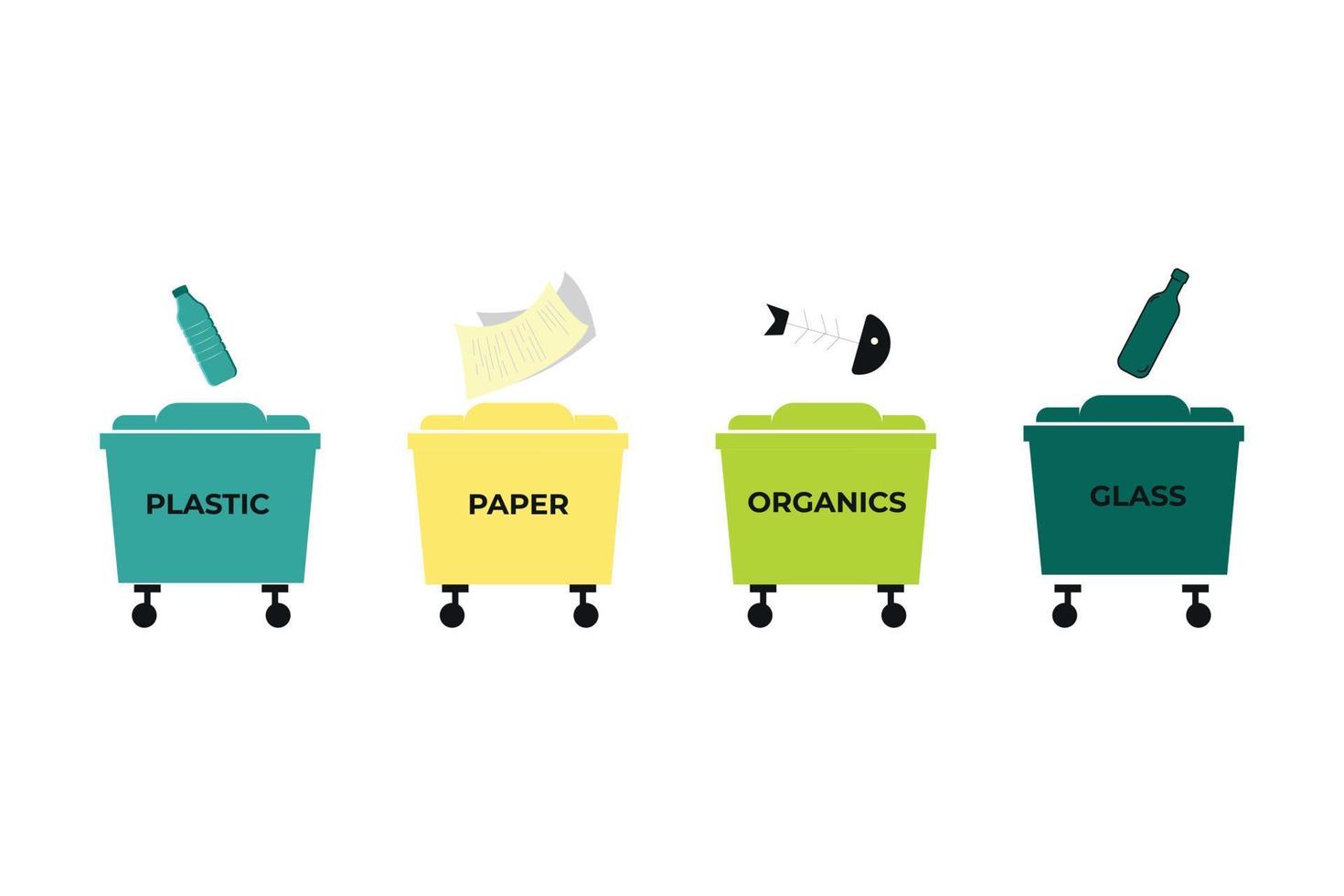 annorlunda färgad sopor sortering uppsättning - plast, papper, organiska, glas avfall lämplig för återvinning. segregera avfall, sortering sopor. vit bakgrund. vektor