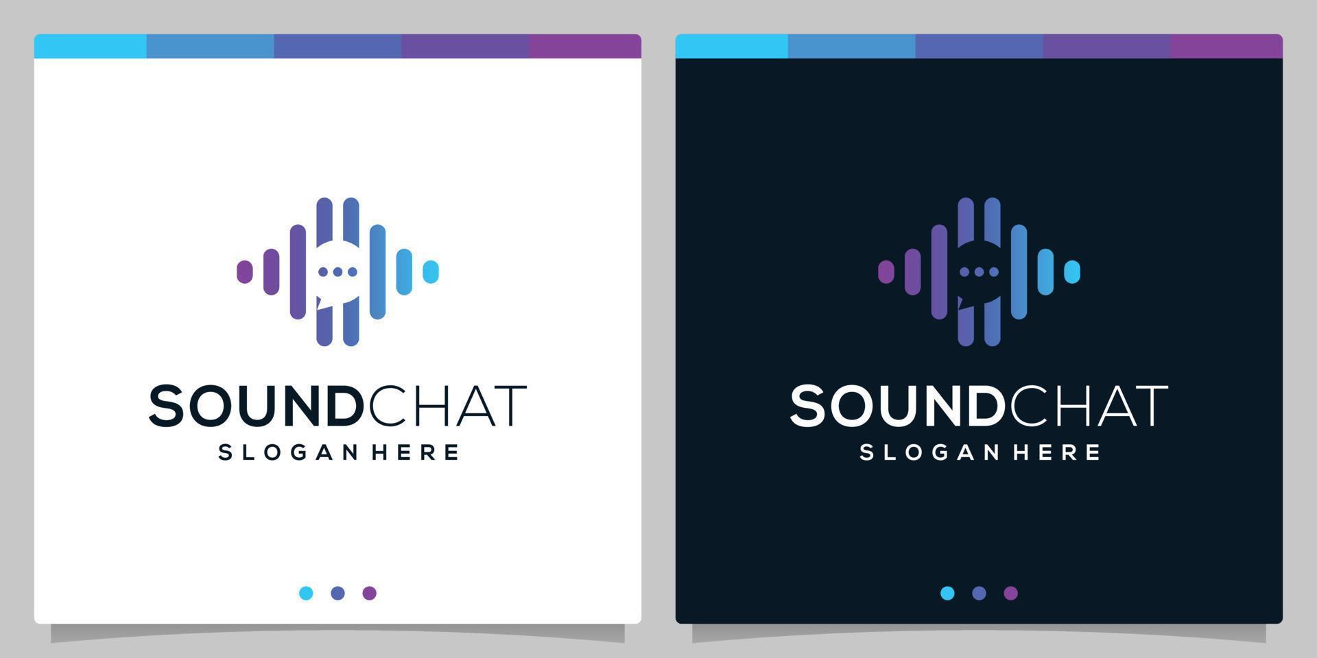 Chat-Blasen-Logo mit Sound-Audio-Wave-Logo-Konzeptelementen. Premium-Vektor vektor