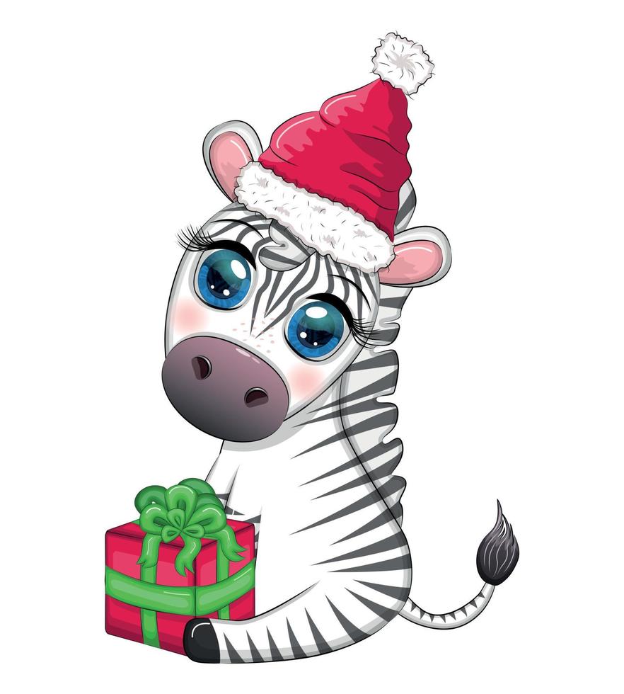 söt zebra i santa hatt med jul boll, godis kane, gåva. vilda djur och växter högtider tecknad serie karaktär. vektor