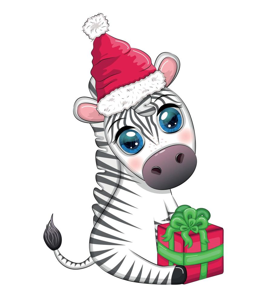 söt zebra i santa hatt med jul boll, godis kane, gåva. vilda djur och växter högtider tecknad serie karaktär. vektor