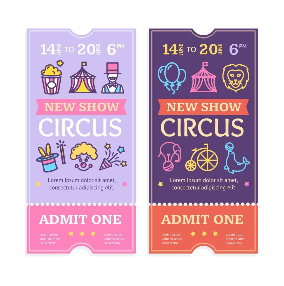 Eintrittskarten-Zirkus-Set mit farbigem Symbol für dünne Linien. Vektor